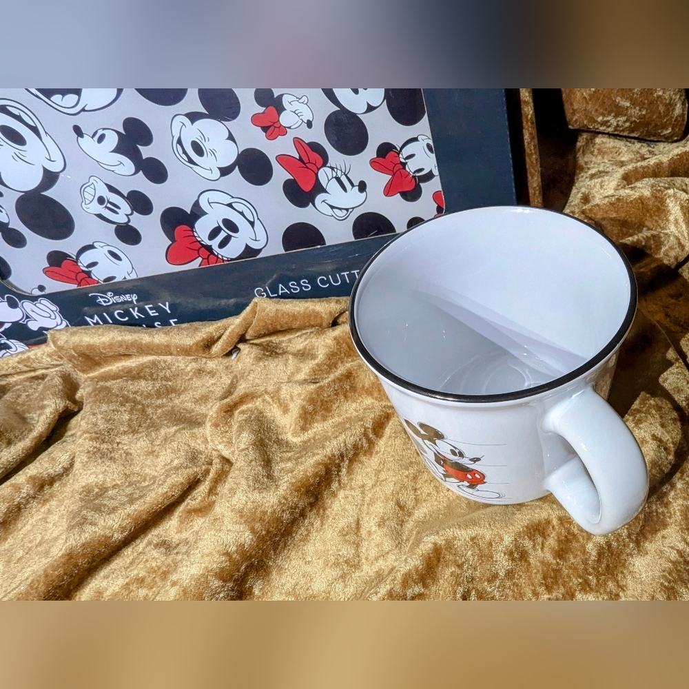 NWT Two Disney Mickey Mouse Mugs and Glass Cutting Board Set - Red, Black, White - Picture 3 of 8